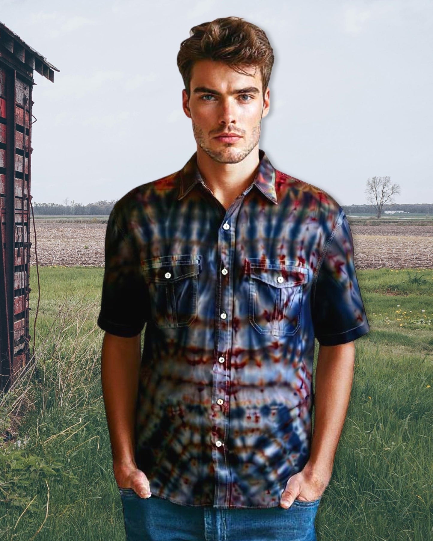 Short Sleeve Button Down Shirt - Navy Cowboy - M