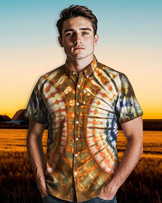 Short Sleeve Button Down Shirt - Rainbow Side Fans - XL