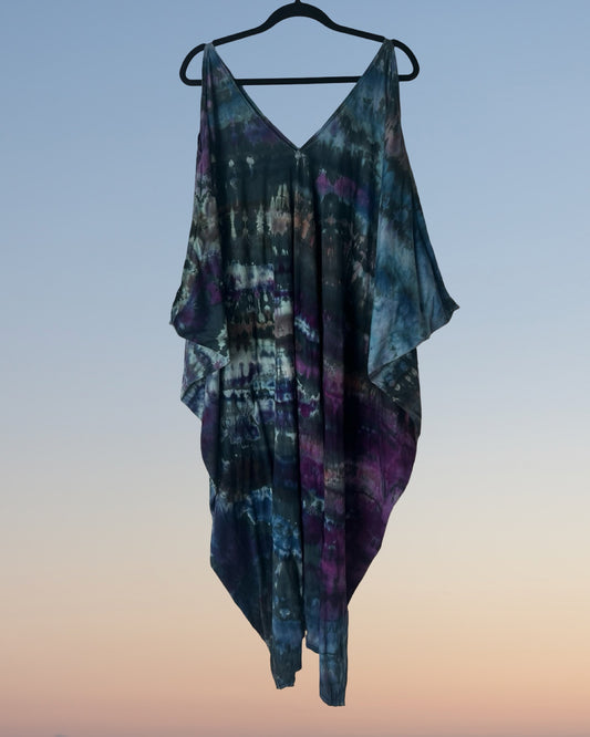 Tie Dye Cold Shoulder Kaftan - Carribbean Blue - One Size