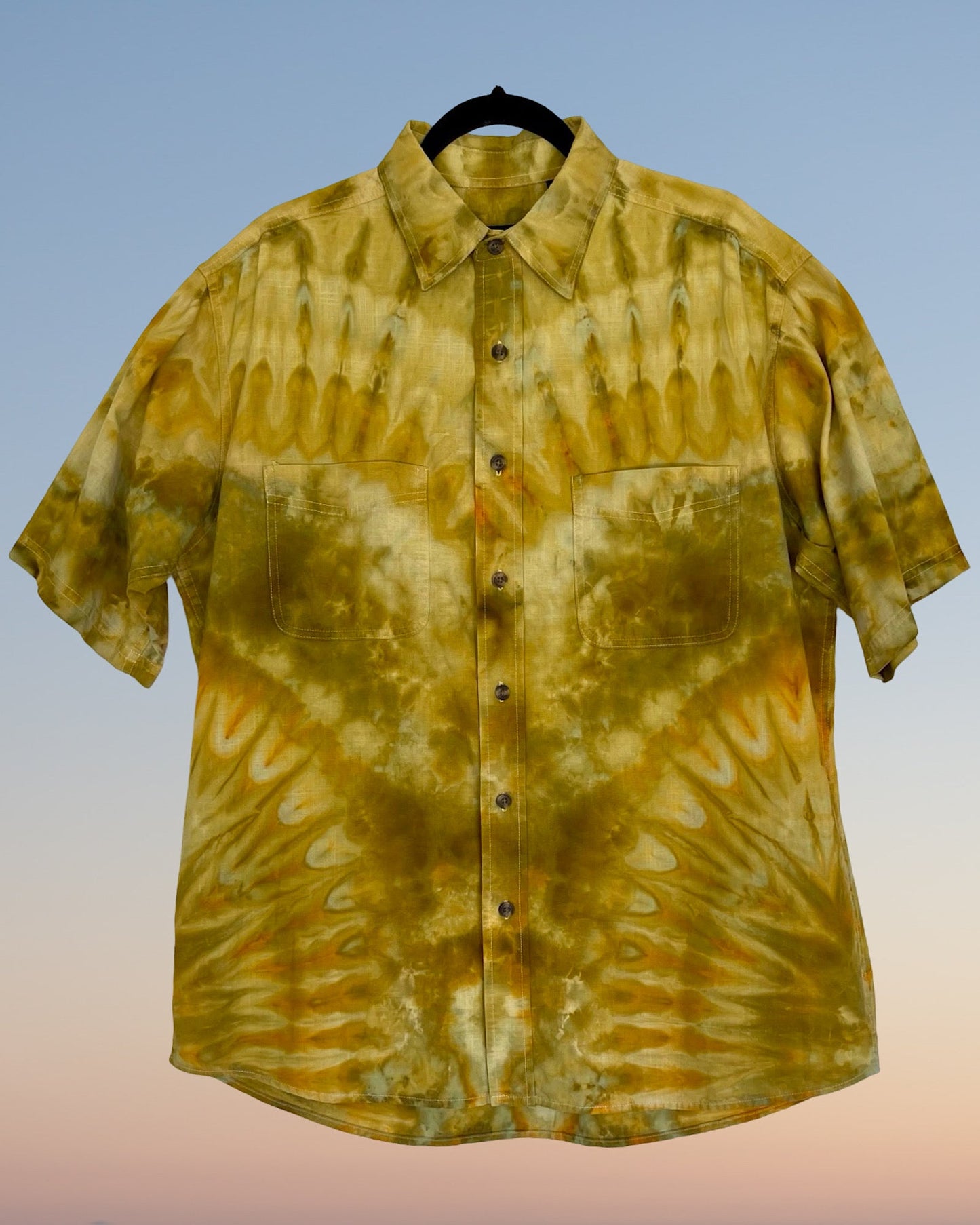 golden bronze western ice dye short sleeve button down shirt 2xl front