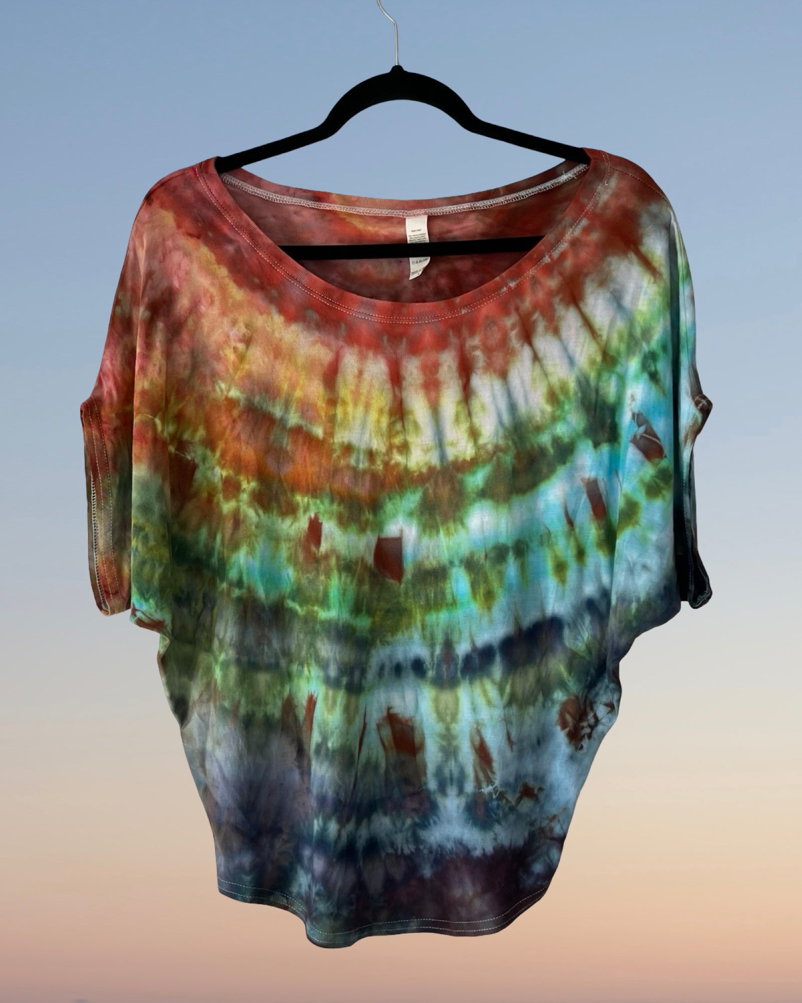 bamboo and organic cotton dolman style tee in earthy rainbow colors