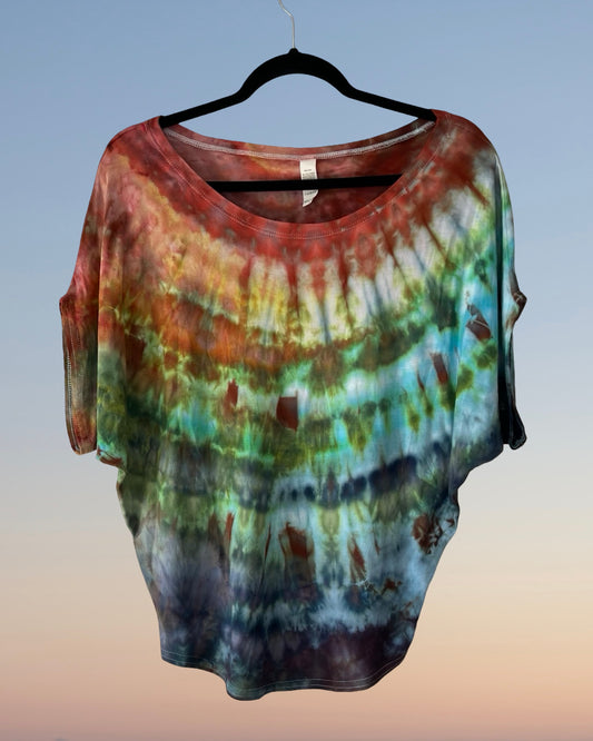 bamboo and organic cotton dolman style tee in earthy rainbow colors