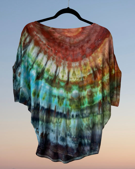 bamboo and organic cotton dolman style tee in earthy rainbow colors