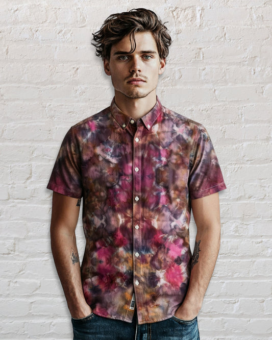 Short Sleeve Button Down Shirt - Mirror Glitch - L