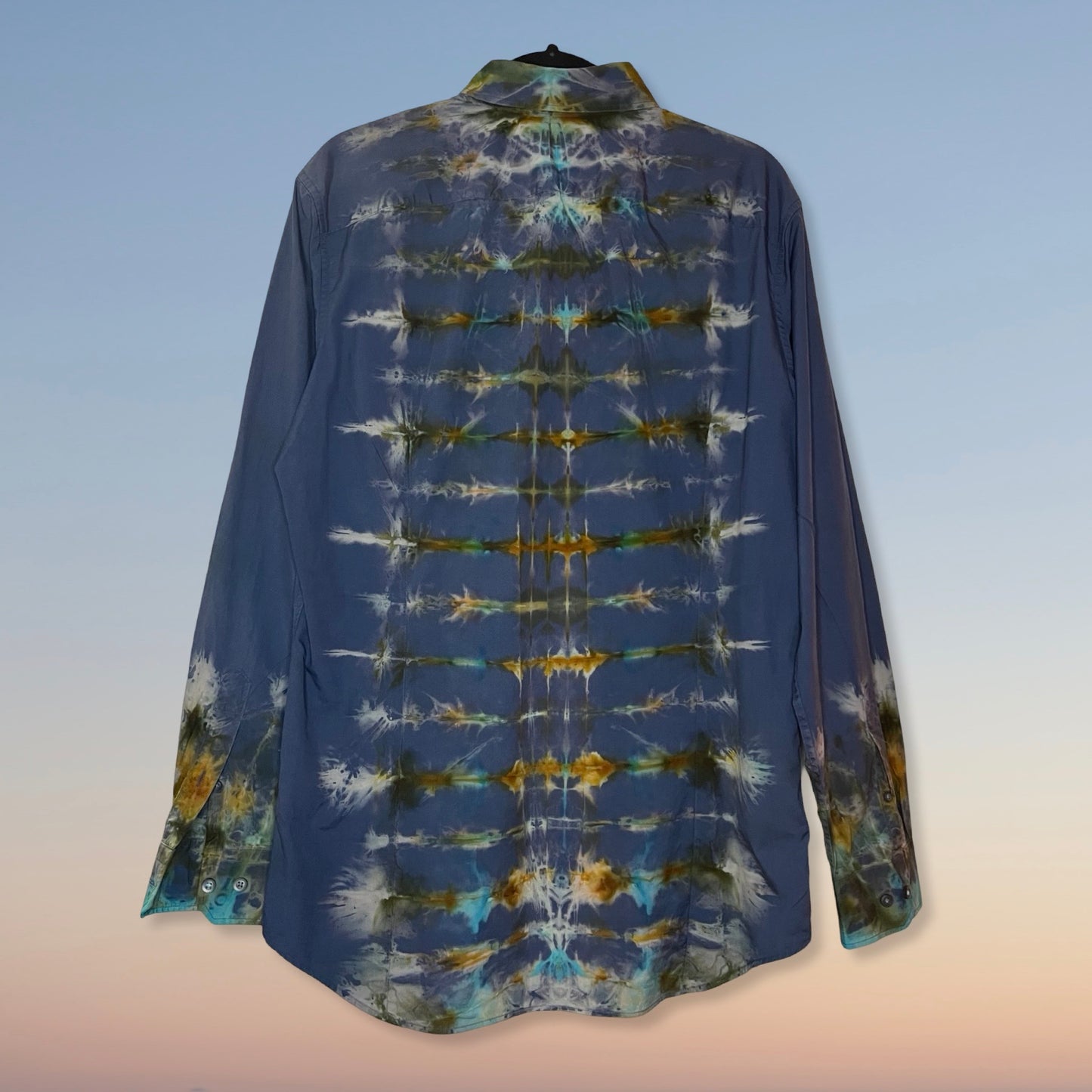 reverse ice dyed long sleeve blue dress shirt