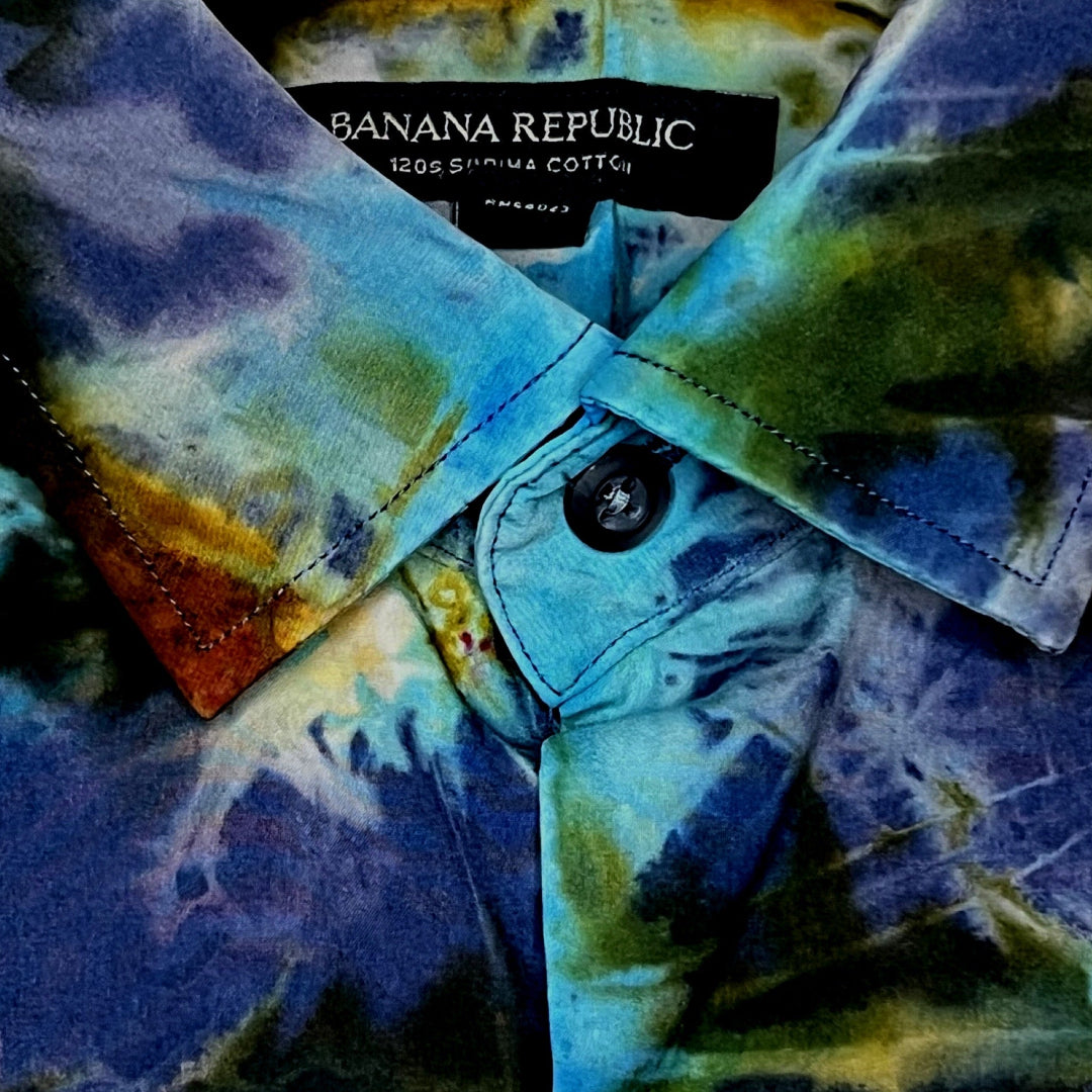 reverse ice dyed long sleeve blue dress shirt