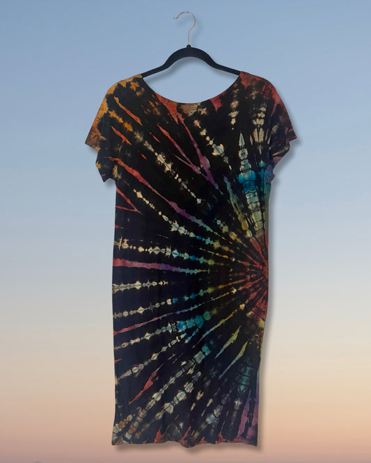 Reverse Dyed Bamboo Organic Tee Dress - Rainbow Fan Fold - L