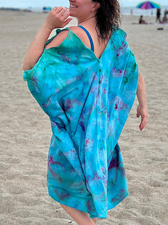 Tie Dye Cold Shoulder Kaftan - Carribbean Blue - One Size