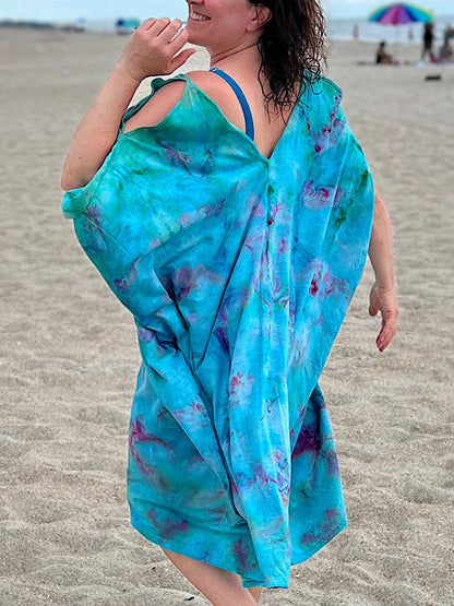 Tie Dye Cold Shoulder Kaftan - Carribbean Blue - One Size