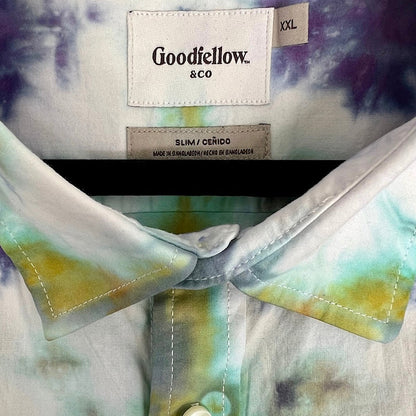 2xl short sleeve shibori fold purple gold green label