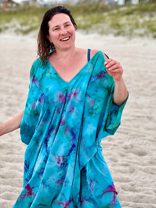 Tie Dye Cold Shoulder Kaftan - Carribbean Blue - One Size