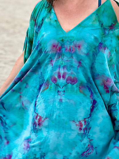 Tie Dye Cold Shoulder Kaftan - Carribbean Blue - One Size