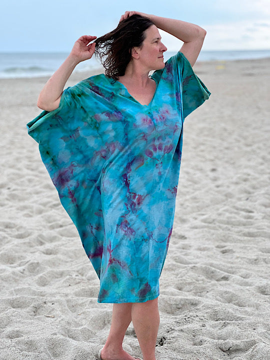 Tie Dye Cold Shoulder Kaftan - Carribbean Blue - One Size