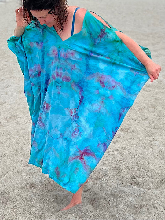 Tie Dye Cold Shoulder Kaftan - Carribbean Blue - One Size