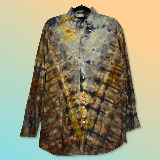 Tie Dye Long Sleeve Men's Button Work Shirt - Golden Brown - M