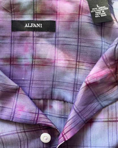 Ice dyed Plaid shirt with label and tag on a checkered fabric background