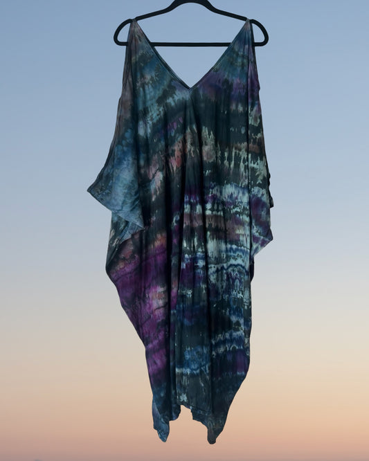 Tie Dye Cold Shoulder Kaftan - Carribbean Blue - One Size