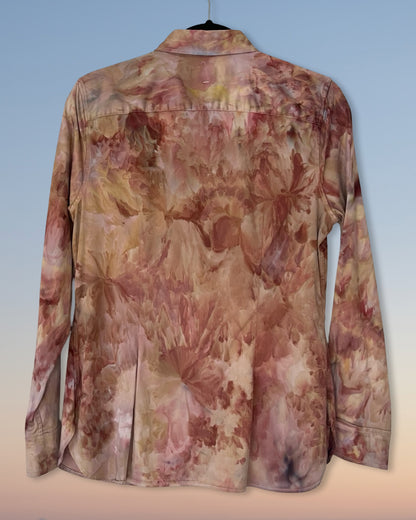 Floral ice dyed patterned shirt on a light blue background