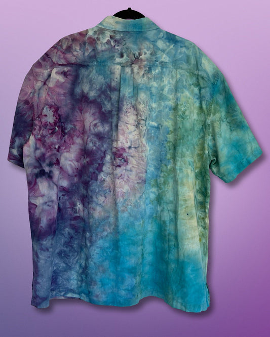 ice dyed blue purple green short sleeve button down shirt 2xl back