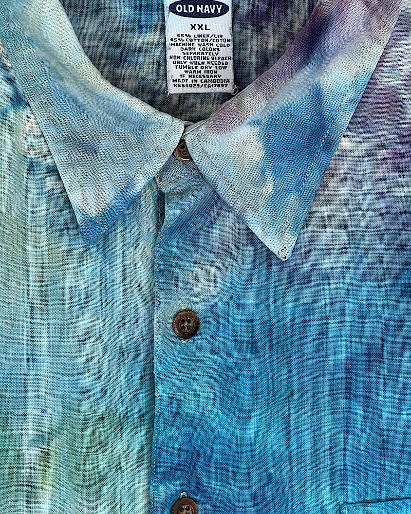 ice dyed blue purple green short sleeve button down shirt 2xl label