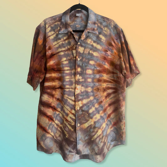 ice dyed side fan fold linen button down
