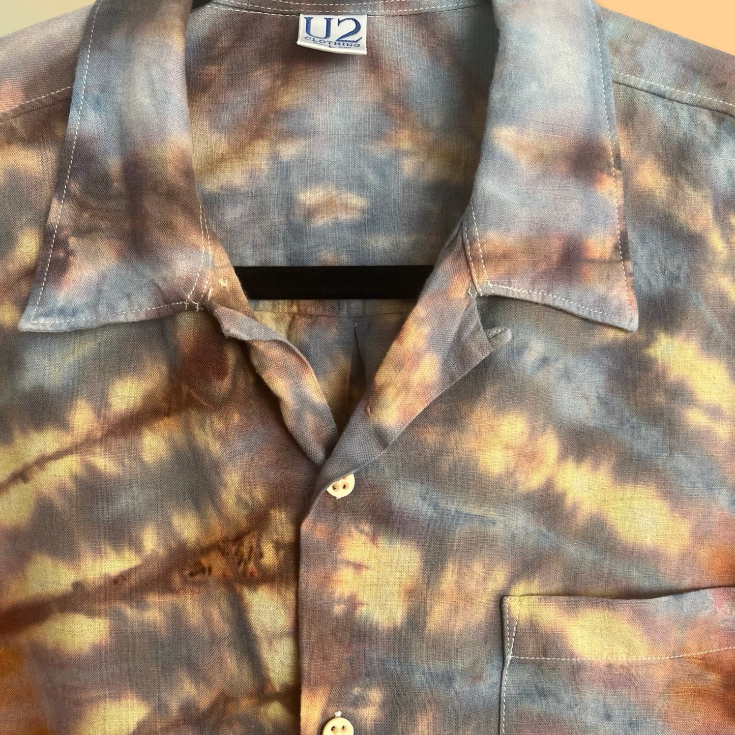ice dyed side fan fold linen button down
