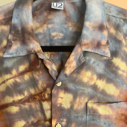 ice dyed side fan fold linen button down
