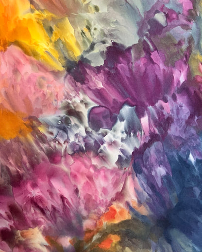 Abstract ice dye detail with vibrant colors and brush strokes