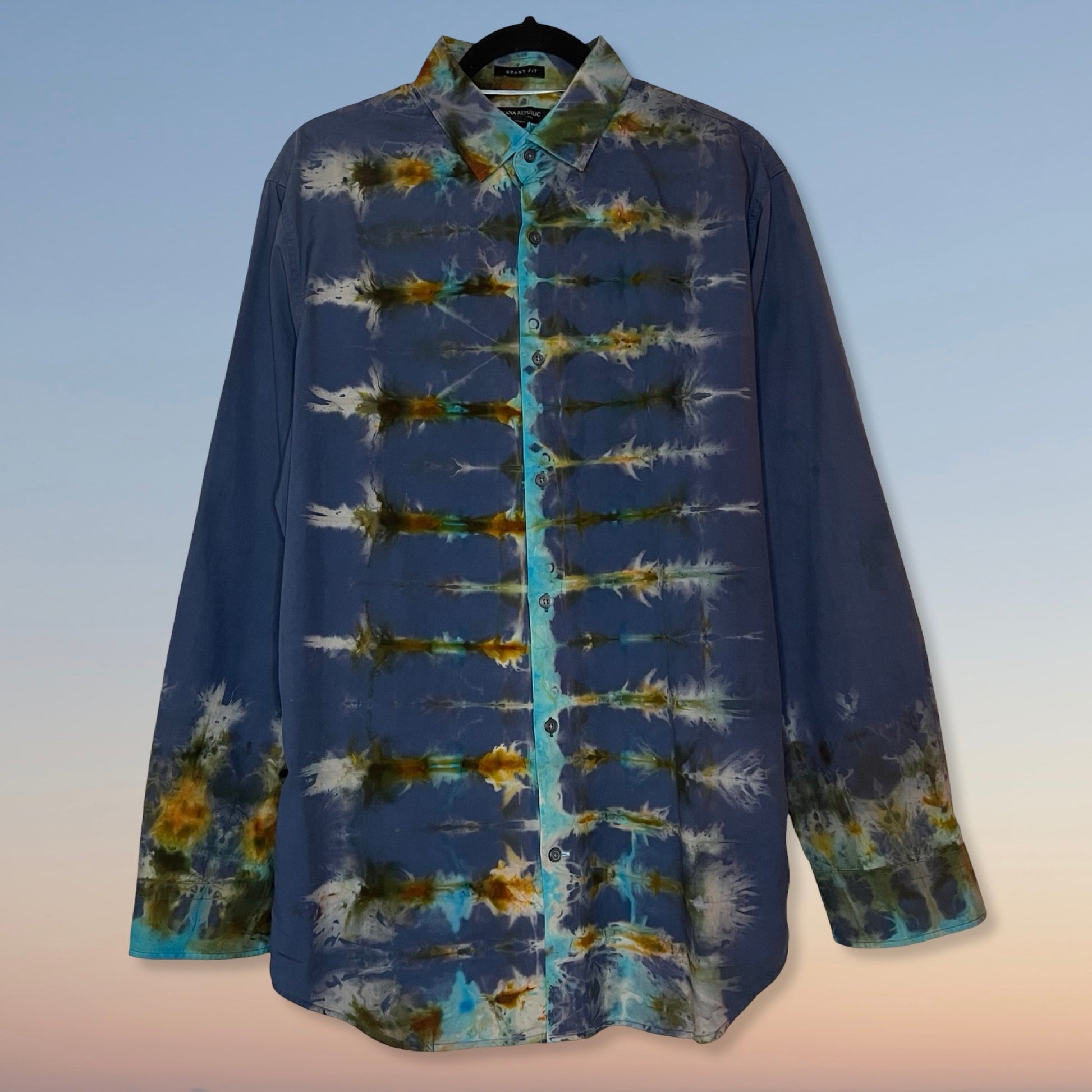 reverse ice dyed long sleeve blue dress shirt 