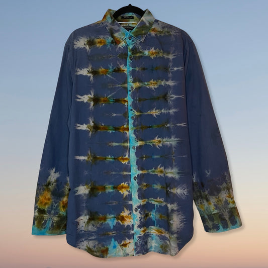 reverse ice dyed long sleeve blue dress shirt 
