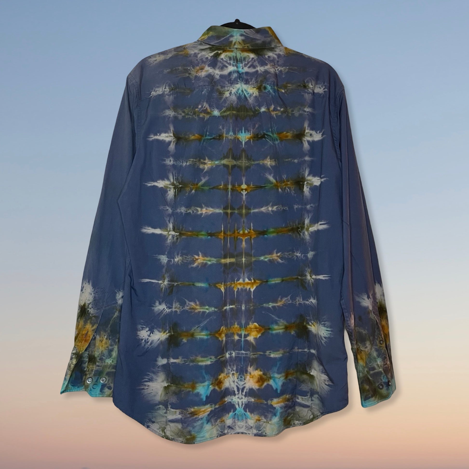 reverse ice dyed long sleeve blue dress shirt 