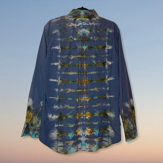 reverse ice dyed long sleeve blue dress shirt 