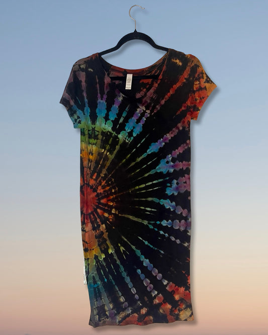 side fan fold Tie-dye dress on a hanger 